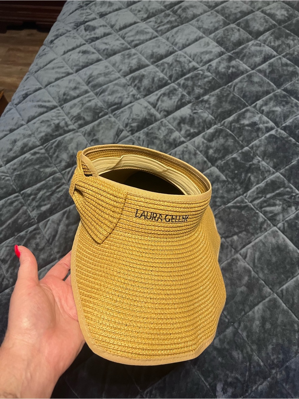 Laura Geller Yellow Straw Sun Visor with Embroidered Logo